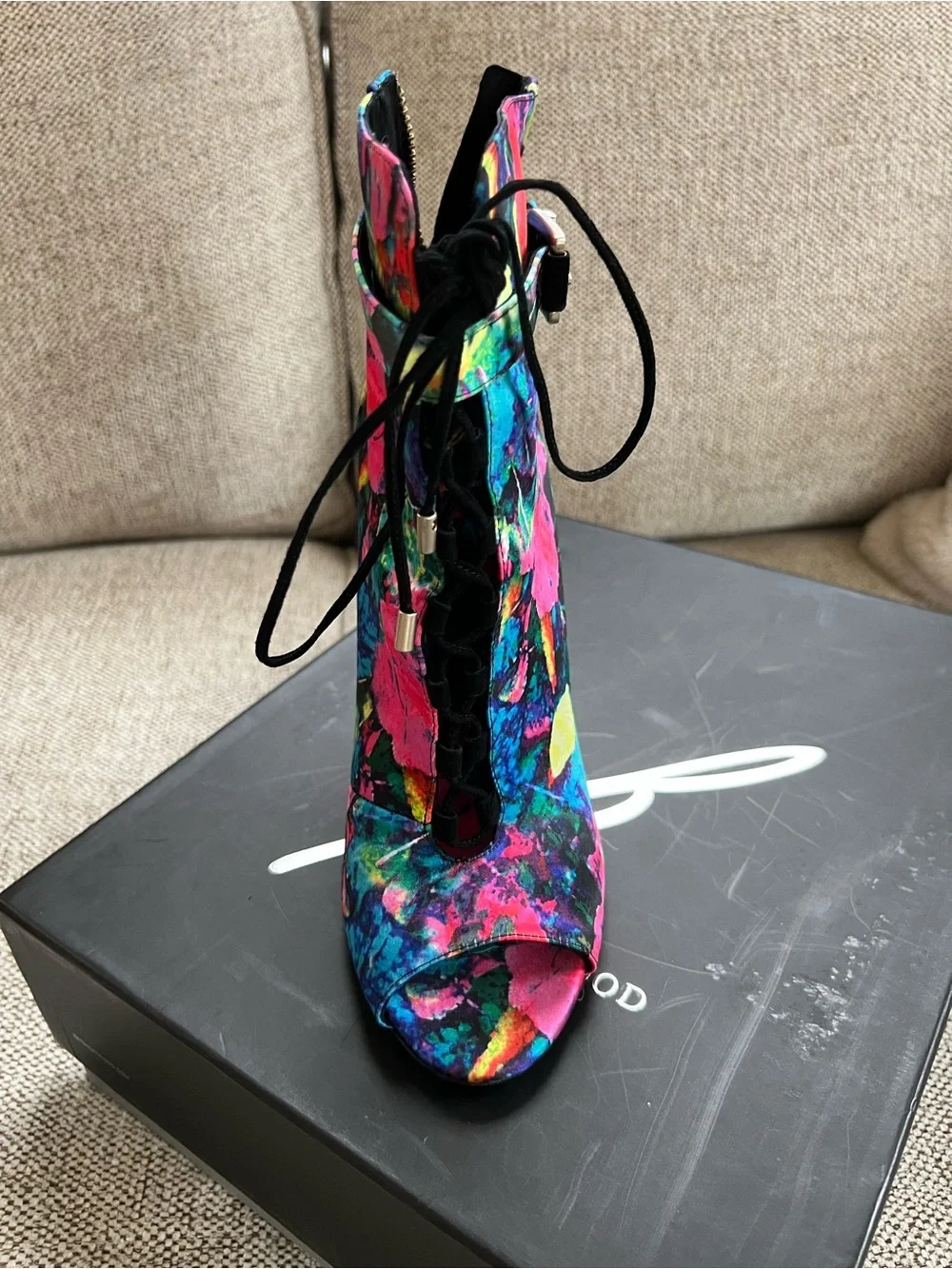 Brian Atwood Multicolor Floral Lace-Up Peep-Toe Stiletto Bootie